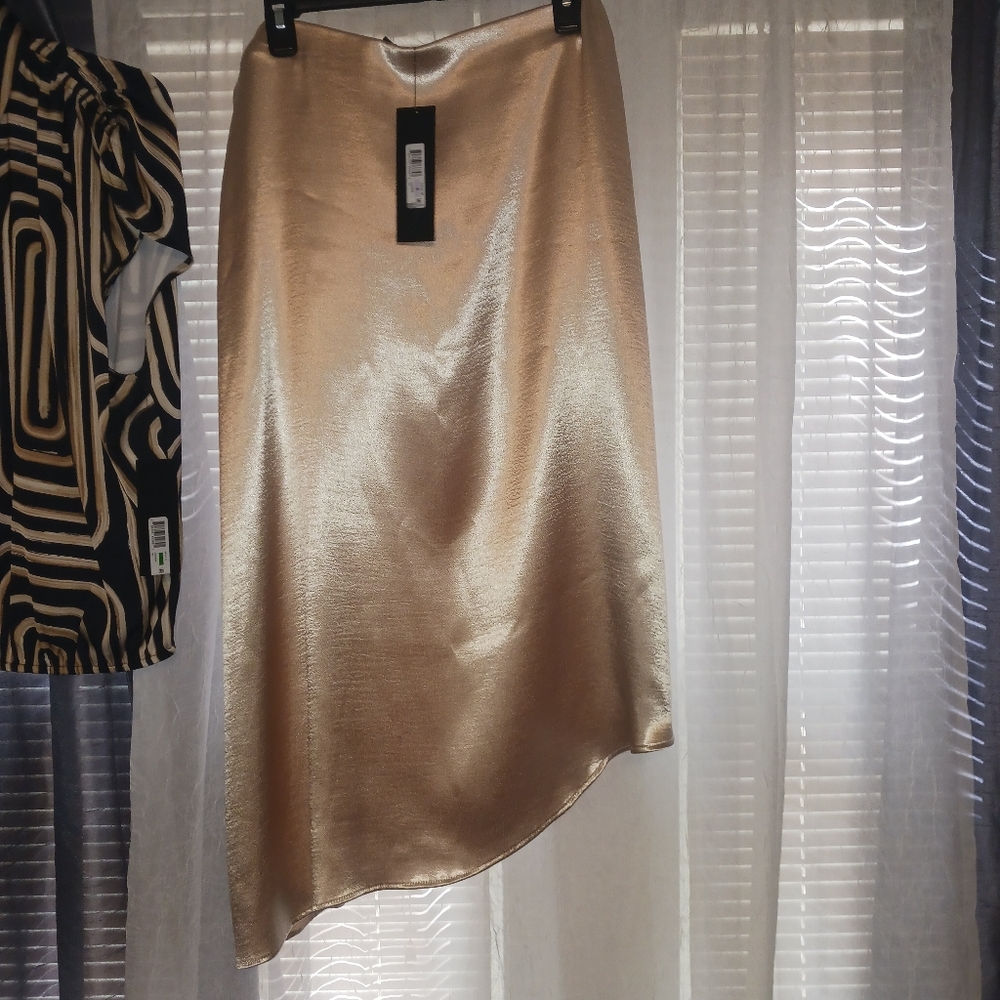 Donna Karan New York Asymmetrical Satin A-line Skirt, Sand Color, Size 6